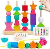 SHINETOY Wooden Beads Sequencing Toy Set | Montessori Lacing & Stacking Toy for Kids 2-5 | Color & Shape Matching Educational Fine Motor Skills Learning Toy | 22 Pcs Blocks and 10 pcs Cards