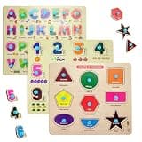 Lefan Wooden Learning Educational Board for Kids, Puzzle Toys for 2 Years Old Boys & Girls (Alphabets, Numbers & Shapes) (ABC, Numbers & Shape)
