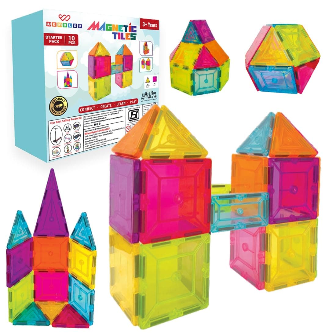 Wembley Magnetic Tiles for Kids Toys for 3 + Year Old Boy | Magnetic Blocks for Kids for 2-5 Years | STEM Learning Educational Magnet Building Blocks Brain for Kid - 10 Pcs