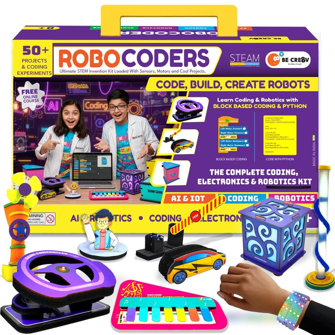 Be Cre8v Robocoders | DIY Coding & Robotics Kit for Kids 8-14 | Learn Scratch to Python | 50+ Electronics, Sensor & IoT Projects | Motors, Circuits & Microcontroller | Free Online Course