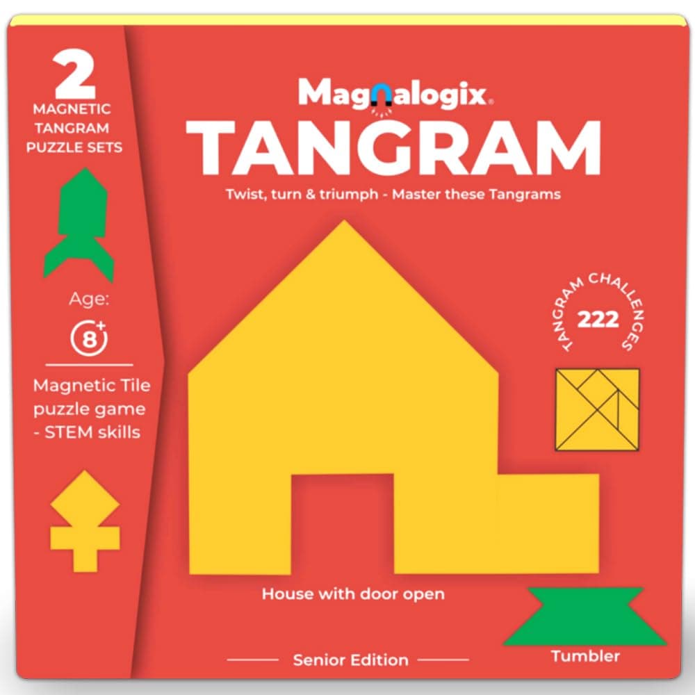 PELIKAS TOYZ Magnalogix Magnetic Tangram Puzzles for Kids Ages 8-12 & Adults - Brain Teaser Travel Game, Educational STEM Toy for Boys Girls 8 10 12 Year Olds & Seniors, Logic Mind Booster Gift Set