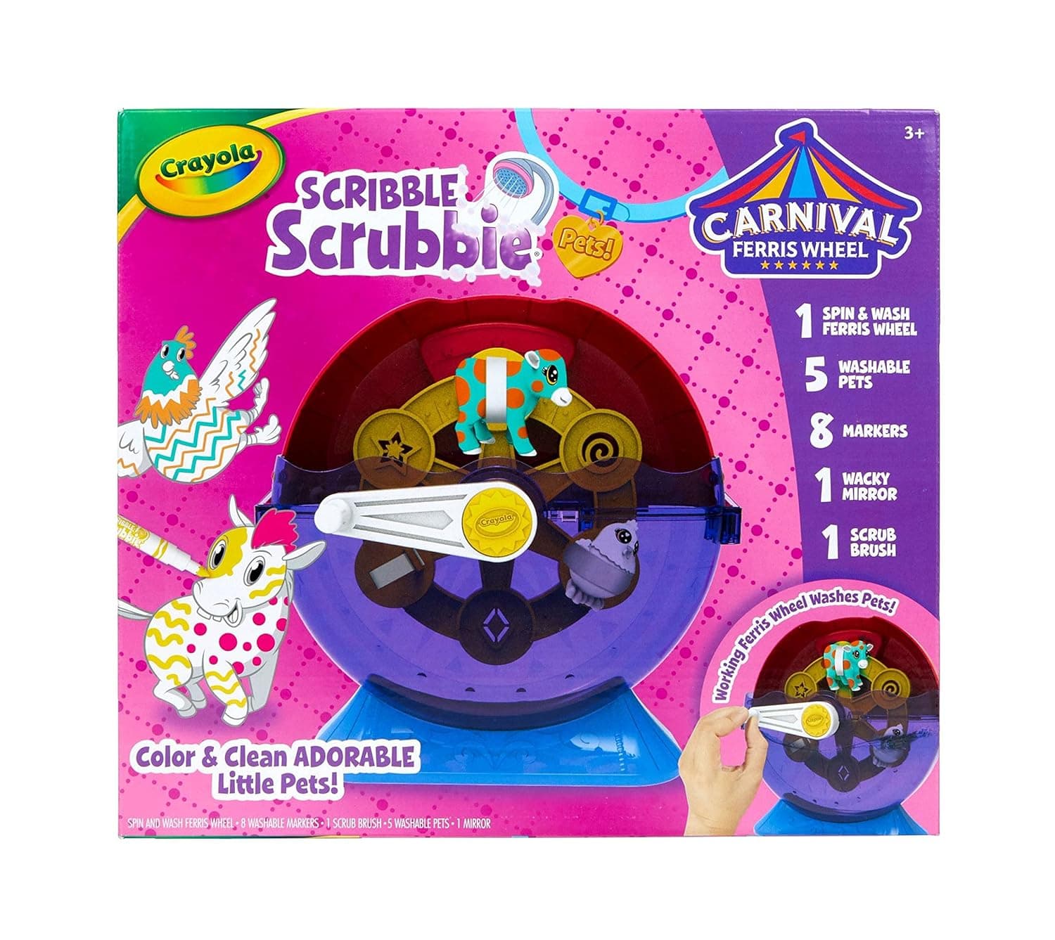 Crayola Scribble Scrubbie Pets Carnival Playset, Creative Pet Grooming Toy with Washable Markers, Spin & Wash Wheel, Scrub Brush, Crazy Mirror, Gift for Kids Ages 3 to 6 Years, Toy for Girls and Boys